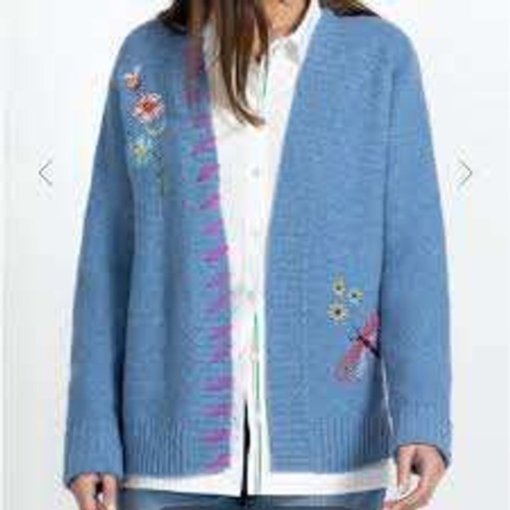 Johnny Was Elliot Blue Embroidered Wool Cashmere Whipstitch Cardigan XL